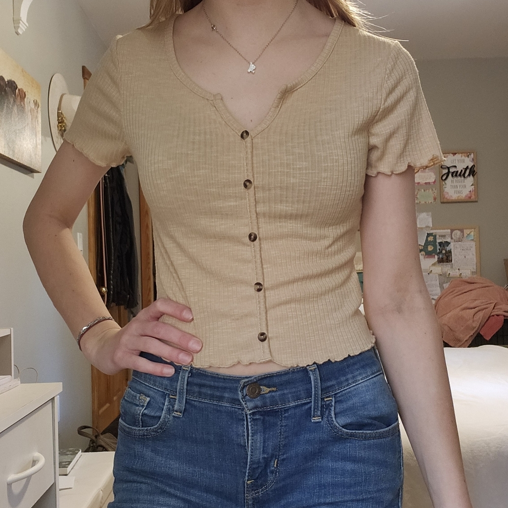 Women's Tan Button-Up Top With Ruffles
